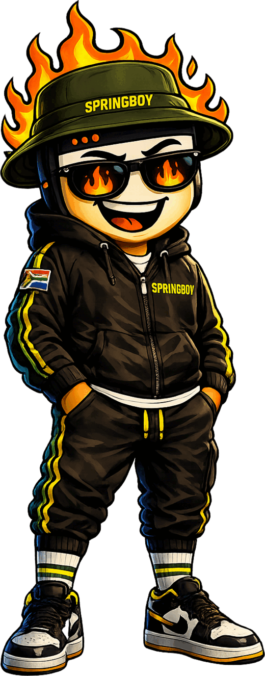 Springboy, the RoastMySite mascot, standing in a flaming bucket hat and SA-flag tracksuit