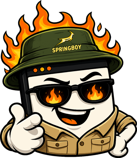 Springboy, the Roastmaster mascot — a flaming bucket hat and sunglasses